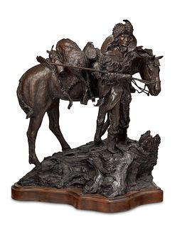 Rusty Phelps (b. 1963), Elk Hunter, 1978, Patinated Bronze on wood base, 22.25" H x 19.5" W x 17.5" D; with Base: 24.25" H x 20" W x 19" W