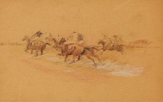 Attributed to Edward Borein (1872-1945), Polo scene, Colored pencil on paper, Sight: 4.5" H x 7.25" W