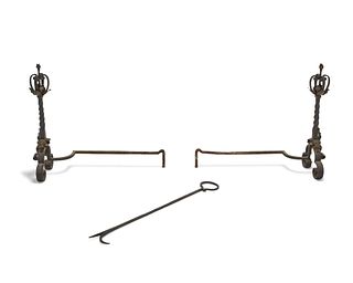 A Spanish-style wrought iron andiron set