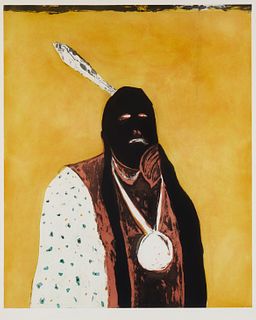 Fritz Scholder (1937-2005, LuiseOo), "Indian Portrait in Roma," 1978, Etching and aquatint in colors on paper, Plate: 47.25" H x 38.75" W; Sight: 50" 