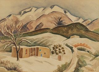 Anna Katharine Skeele (1896-1963), Adobe Pueblo in the snow, Watercolor on paper, Sight: 15.5" H x 20.75" W