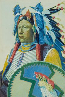Herbert Herget (1885-1950), Native American Chief, Gouache and watercolor on paper under Plexiglas, Sight: 17.5" H x 12" W