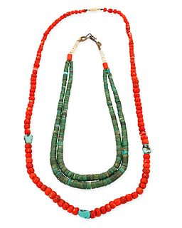 Two Pueblo-style turquoise and coral bead necklaces
