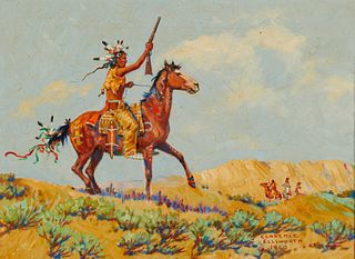 Clarence Ellsworth (1885-1960), Indians on horseback, 1960, Oil on canvas, 12" H x 16" W