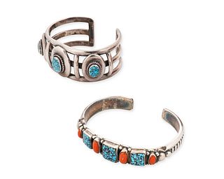 Two Southwest silver and stone cuff bracelets including Lewis Lomay