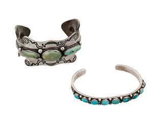 Two Navajo silver and turquoise cuff bracelets