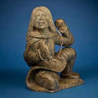 Kiawak Ashoona (1933-2014, Inuit; Cape Dorset/Kinngait), Carved kneeling figure with lanyard, circa 1989