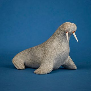 John Kaunak (b. 1941, Inuit; Repulse Bay/Naujaat), Carved walrus with tusks