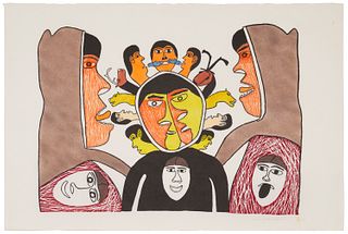 Simon Tookoome (1934-2010), "Hide and Seek," 1972, Stonecut in colors on paper, Image/Sheet: 25.5" H x 37.25" W