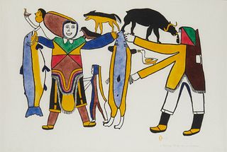Simon Tookoome (1934-20100), "A Time of Plenty," 1970, Stonecut in colors on paper, Sight: 23.5" H x 34" W