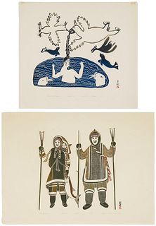 Peter Pitseolak (1902-1973), "My Wife and I," 1974, Stonecut in colors on cream-colored paper, Image/Sheet: 24.5" H x 34" W, and "Legend of the Narwal