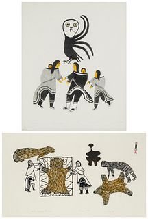 Lucy Qinnuayuak (1915-1982), "Woman Stretching Bear Skins," 1967, Stonecut in colors on paper, Sight: 17" H x 29" W, and "Katajuk," Lithograph in colo