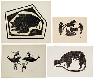 A group of Inuit artworks, Agnes Nanogak (1925-2001), "Dream," 1968, Stonecut on paper, Peter Aliknak (b. 1928), "Sorcerers Contest," 1966, and "Mothe