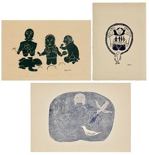 Helen Kalvak (1901-1984), "Shamanis Ritual "1970, Stonecut on cream-colored paper, Sight: 14.5" H x 20.625" W, "Underwater Fisher," 1973, Stonecut on 