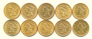 (10) $5.00 Liberty Gold Almost Mint