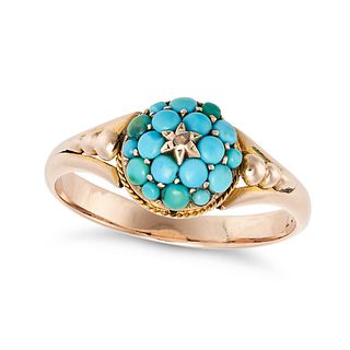 NO RESERVE - AN ANTIQUE TURQUOISE AND DIAMOND CLUSTER RING in 9ct yellow gold, comprising a star ...