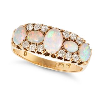 AN ANTIQUE OPAL AND DIAMOND FIVE STONE RING in 18ct yellow gold, set with oval cabochon cut opals...