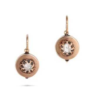 NO RESERVE - A PAIR OF ANTIQUE DIAMOND EARRINGS in 14ct rose gold, each set with a rose cut diamo...