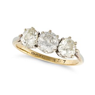A DIAMOND THREE STONE RING in 18ct yellow and white gold, set with three old European cut diamond...