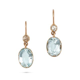A PAIR OF AQUAMARINE AND DIAMOND DROP EARRINGS in 14ct yellow gold, each set with a rose cut diam...