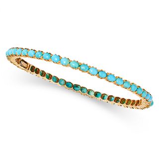 NO RESERVE - A TURQUOISE BANGLE in yellow gold, the hinged bangle set all around with a row of ov...
