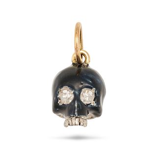 AN ENAMEL AND DIAMOND MEMENTO MORI SKULL PENDANT in 18ct yellow gold and silver, designed as a bl...