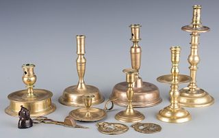 Group early Brass Candlesticks and Horse Brasses