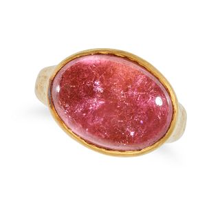 A PINK TOURMALINE RING in 22ct yellow gold, set with an oval cabochon cut pink tourmaline of appr...