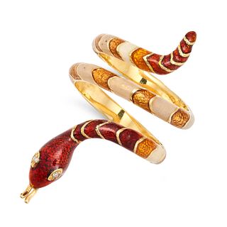 AN ENAMEL AND DIAMOND SNAKE RING in 18ct yellow gold, the body decorated with red, white, orange ...