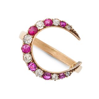 AN ANTIQUE RUBY AND DIAMOND CRESCENT MOON RING, 19TH CENTURY AND LATER in yellow gold, set with a...