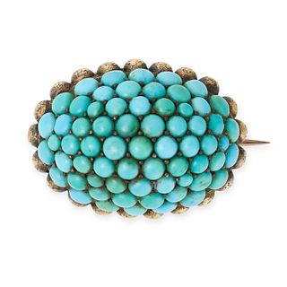 NO RESERVE - AN ANTIQUE VICTORIAN TURQUOISE BOMBE BROOCH in 14ct yellow gold, the domed body pave...
