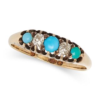 AN ANTIQUE TURQUOISE AND DIAMOND RING in 18ct yellow gold, set with a row of alternating cabochon...
