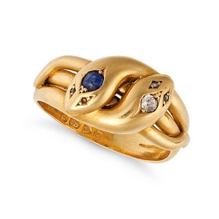 AN ANTIQUE SAPPHIRE AND DIAMOND SNAKE RING in 18ct yellow gold, designed as two coiled snakes, th...