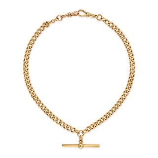 AN ANTIQUE ALBERT CHAIN NECKLACE in 15ct yellow gold, comprising a curb chain each with dog clip ...