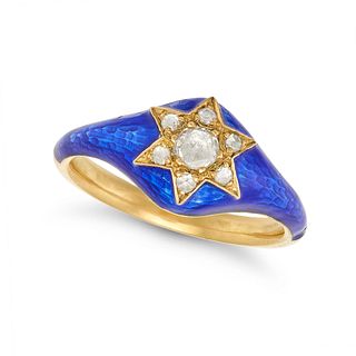 AN ENAMEL AND DIAMOND RING in 18ct yellow gold, set with rose cut diamonds in a star motif on a b...