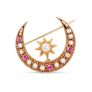 AN ANTIQUE DIAMOND, RUBY AND PEARL CRESCENT MOON BROOCH in 14ct yellow gold, set with an old cut ...