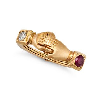 AN ANTIQUE DIAMOND AND RUBY GIMMEL FEDE RING in 18ct yellow gold, designed as two hands clasped a...