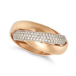 A DIAMOND TRINITY RING in 18ct yellow gold and platinum, comprising three interlocking bands, one...