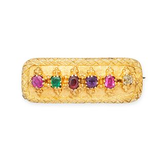 AN ANTIQUE GEMSET ACROSTIC LOCKET BROOCH in high carat yellow gold, the rectangular hinged brooch...