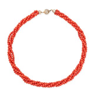 A FOUR ROW CORAL BEAD NECKLACE in silver, set with four rows of round coral beads measuring 3.7mm...