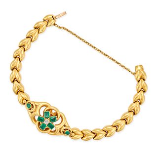 AN ANTIQUE VICTORIAN EMERALD AND DIAMOND BRACELET in yellow gold, set with an old cut diamond in ...