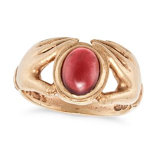 A VINTAGE GARNET FEDE RING in 9ct rose gold, set with a cabochon cut garnet accented by the fede ...