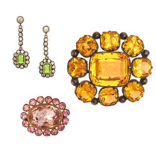 NO RESERVE - A GROUP OF TWO PASTE BROOCHES AND A PAIR DE PASTE DROP EARRINGS comprising a brooch ...