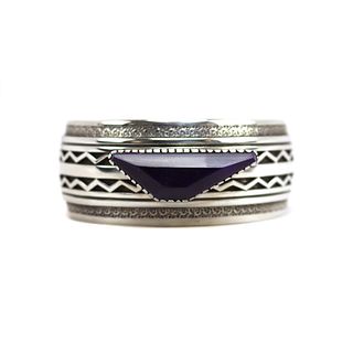 NO RESERVE - Allison "Snowhawk" Lee - Navajo, Sugilite and Silver Overlay Bracelet with Geometric Design c. 1980s, size 6 (J15691)