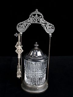 ANTIQUE SILVERPLATE & CRYSTAL PICKLE JAR WITH TONGS