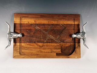 WOODEN MEAT TRAY WITH BULL HEAD HANDLES 