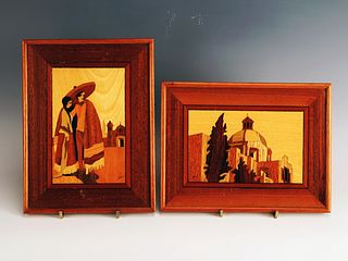 TWO WOODEN MARQUETRY PLAQUES