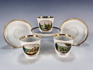 3 GERMAN CASTLE TEA CUPS & SAUCERS