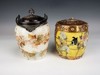 TWO ANTIQUE PAINTED MILK GLASS AND SATSUMA BISCUIT JARS 