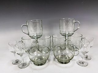 6 ETCHED MCM GLASS MUGS SUGAR CREAMER CORDIAL GLASSES